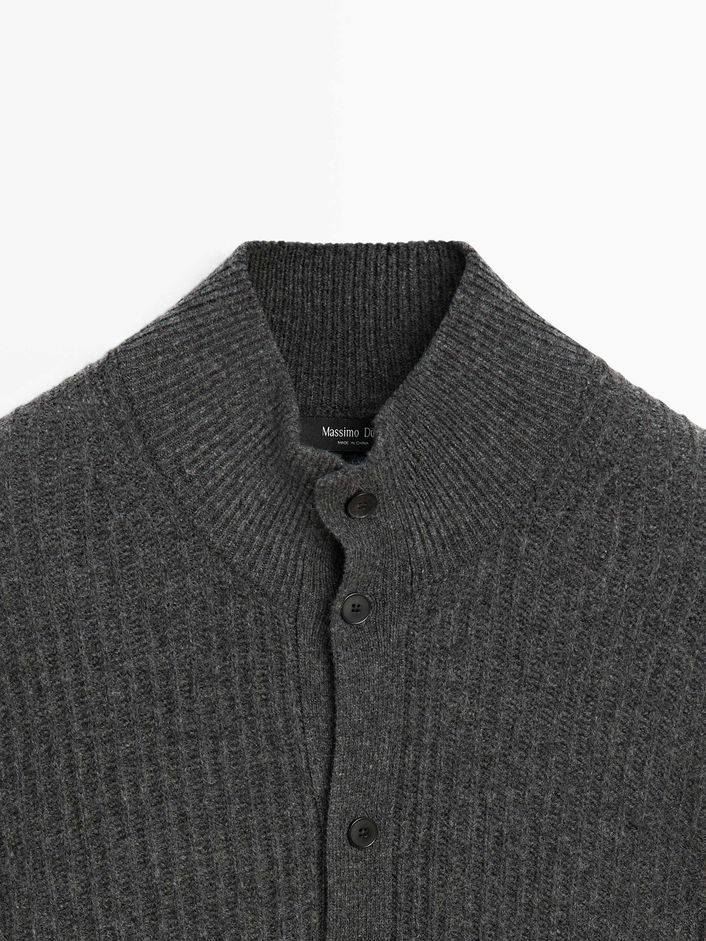 Cotton blend knit cardigan with high neck